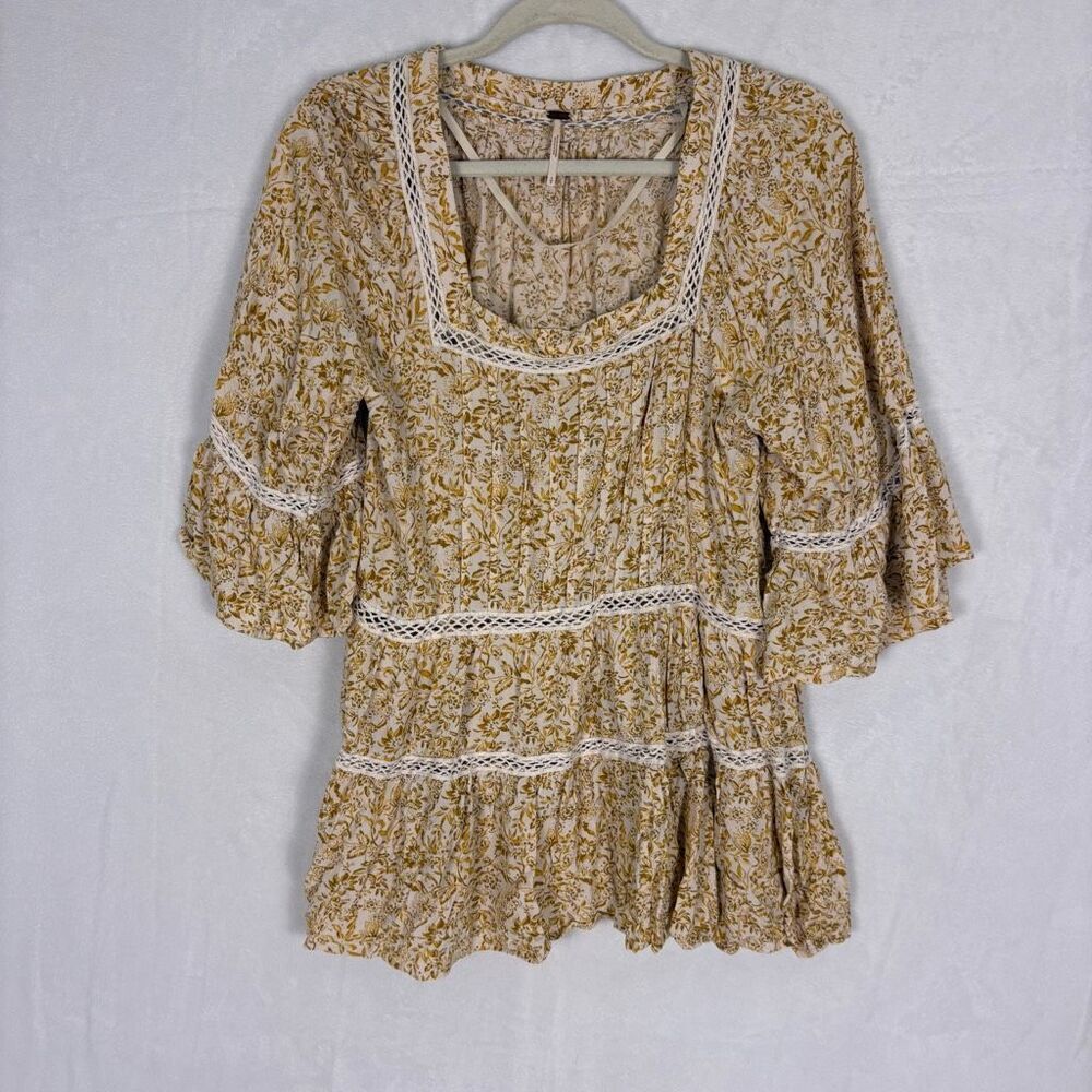 Free People Yellow Floral Print Square Neckline Flowy Sleeve Blouse Top Small